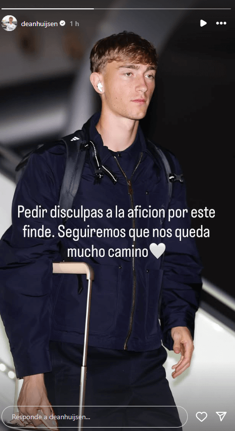 Dean Huijsen en en una publicación en sus redes sociales pidiendo perdón a la afición (@deanhuij