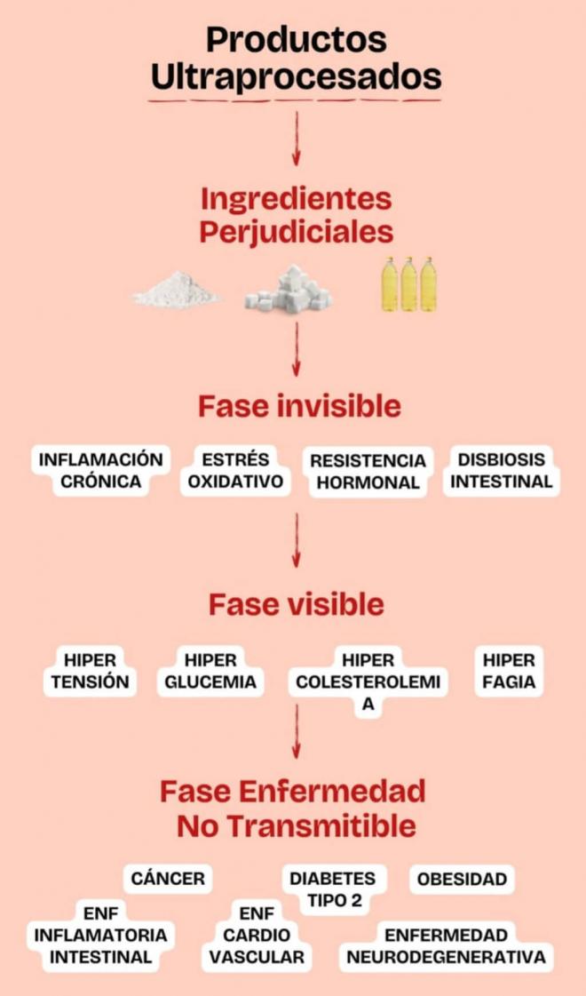 Esquema explicativo de la relación entre ultraprocesados y cáncer (Foto: @carlosriosq)