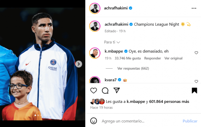 El comentario de Kylian Mbappé a Achraf Hakimi (Foto: Instagram)