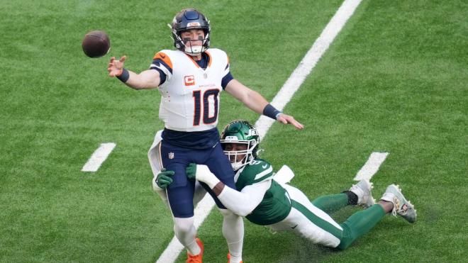 Bo Nix y Will McDonald durante el Broncos - Jets (Fuente: Cordon Press)