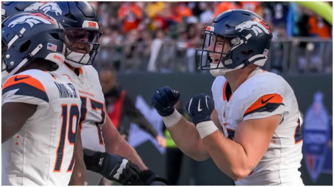 Bo Nix celebra el touchdown de los Denver Broncos ante los New York Jets. (EFE)