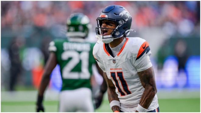 Troy Franklin, wide receiver de los Denver Broncos, durante el Jets - Broncos.