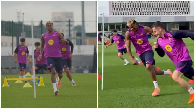 Lamine Yamal entrena junto al resto de compañeros del Barcelona.