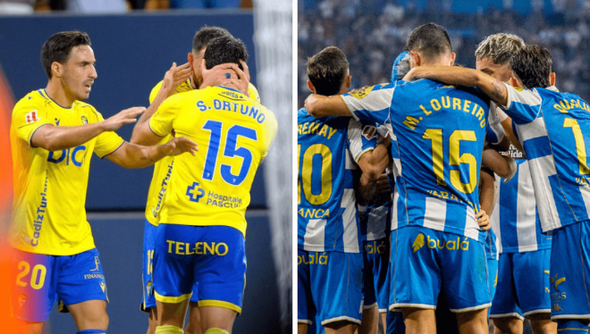 Jugadores del Cádiz y del Dépor celebran un gol con sus aficiones.