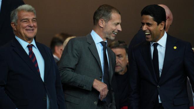 Laporta, Ceferin y Al-Khelaifi (Cordon Press)