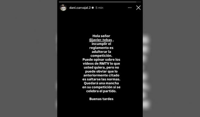 Las palabras de Dani Carvajal a Javier Tebas en redes sociales (Captura de Instagram)