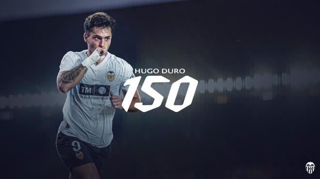 Hugo Duro alcanza los 150 partidos y ya está entre los 50 mayores goleadores de la historia del club (Foto: Valencia CF)