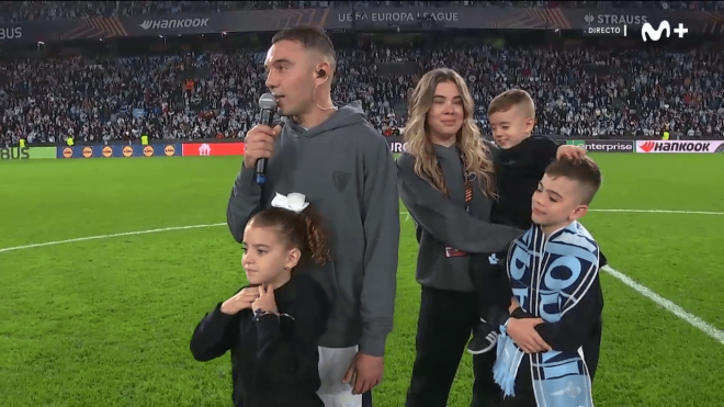 Iago Aspas durante su discurso en Balaídos (Fuente: Movistar +)