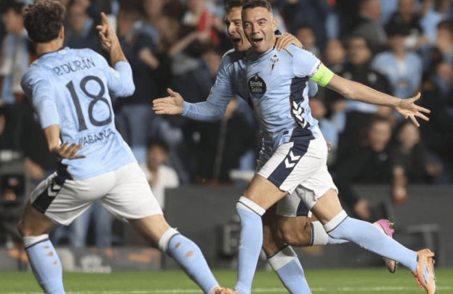 Iago Aspas celebra su gol ante el Niza (Foto: EFE).