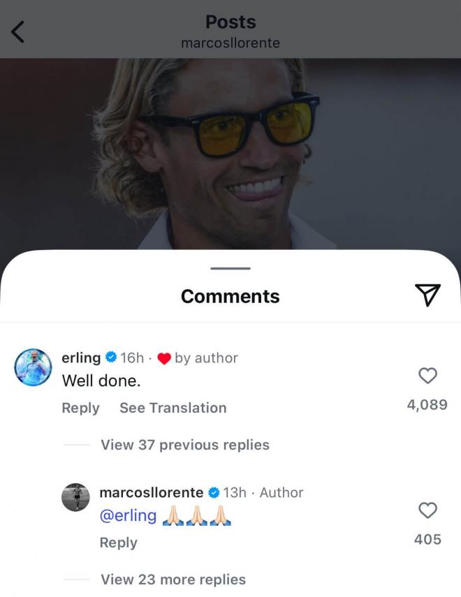 Haaland y Marcos Llorente intercambian mensajes en Instagram.