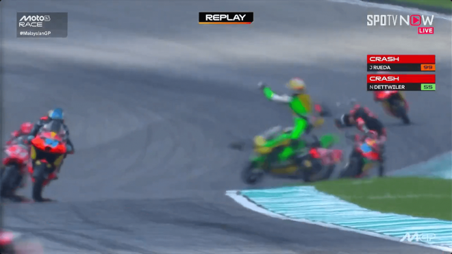 Accidente de Rueda y Dettwiler en la vuelta de formación de Moto3.