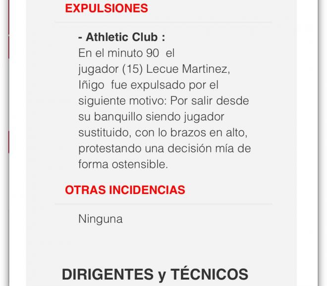 Acta arbitral del Athletic - Getafe. (Foto: RFEF)