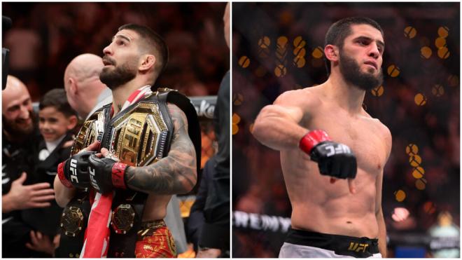 Ilia Topuria e Islam Makhachev celebrando respectivas victorias en la UFC (Cordon Press)