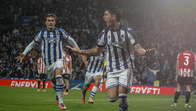 Gorrotxategi celebra su gol al Athletic (Foto: Real Sociedad).