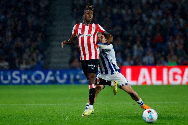 Nico Williams, durante el derbi vasco en Anoeta (Foto: EFE).