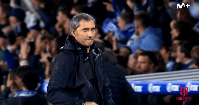 Ernesto Valverde en el gol decisivo del derbi. (Foto: Movistar Plus)