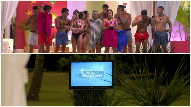 Los concursantes de La isla de las tentaciones esperando para ver quién ha hecho sonar la alarma (Telecinco)