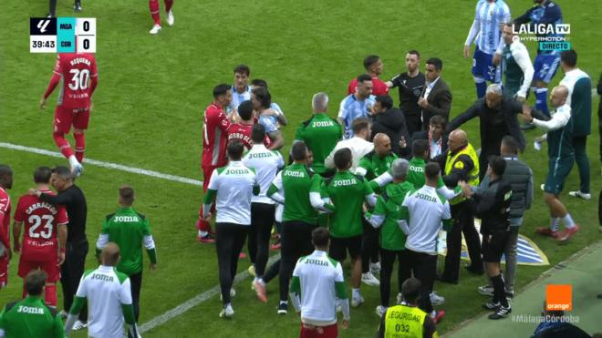 Tangana entre los banquillos del Málaga y el Córdoba (Imagen: LALIGA TV HYPERMOTION).