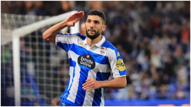 La celebración de Eddahchouri ante la Cultural Leonesa. (LaLiga Hypermotion)