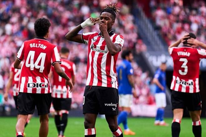 Gesto de Nico Williams tras marcar un gol en San Mamés (Foto: Athletic Club).