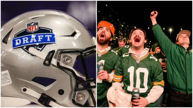 Casco oficial del draft de la NFL y aficionados de los Packers celebrando el jugador que les ha toc