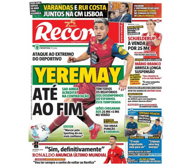 La portada del diario Record, dedicada a Yeremay Hernández.