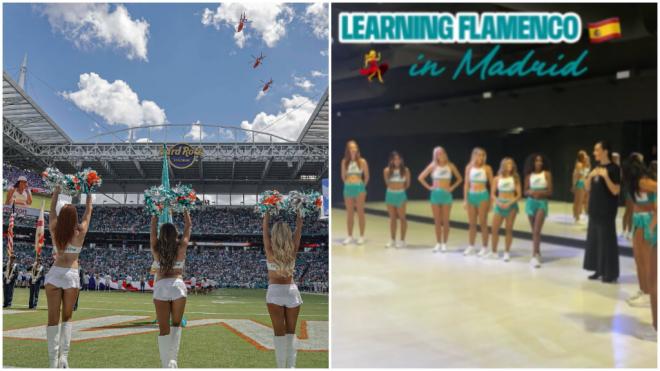 Las cheerleaders de los Dolphins dando clases de flamenco antes del partido de la NFL en el Bernab