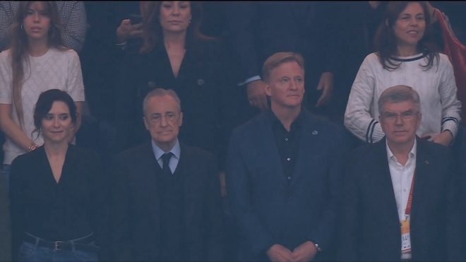 Isabel Díaz Ayuso, Florentino Pérez o Roger Goodell, en el palco del Santiago Bernabéu.
