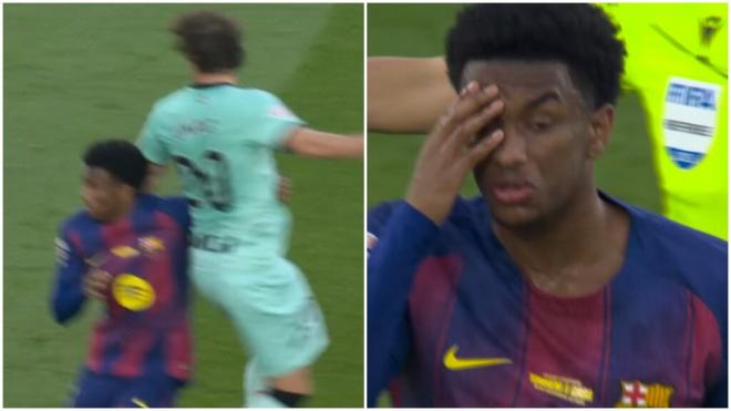 Alejandro Balde fue sustituido por Ronald Araújo tras sufrir un golpe en la cabeza(captura DAZN).