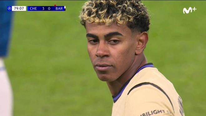 La cara de Lamine Yamal en su sustitución (Movistar +)