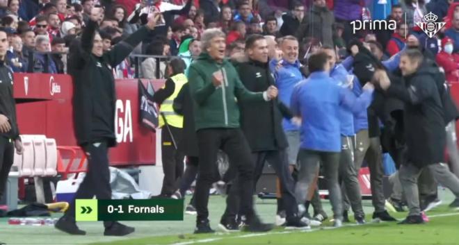 La celebración de Manuel Pellegrini y el banquillo del Betis en el derbi.