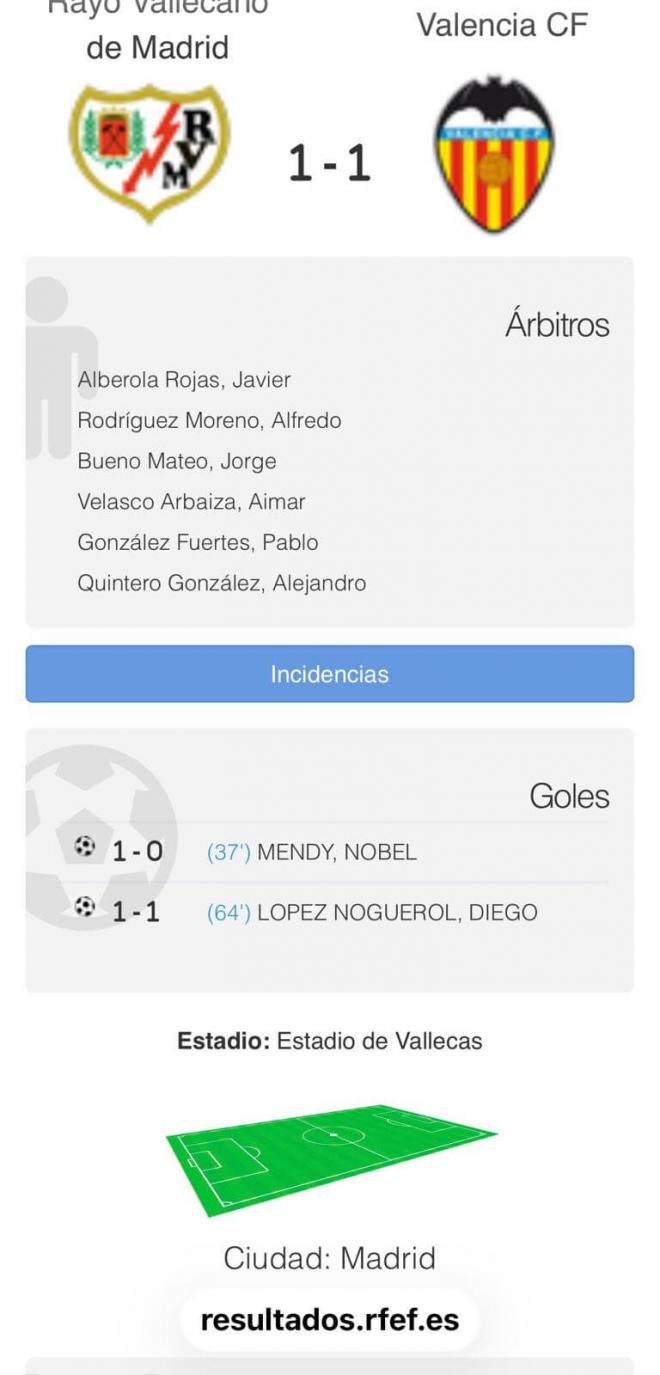 El acta rectificada con el gol de Diego López