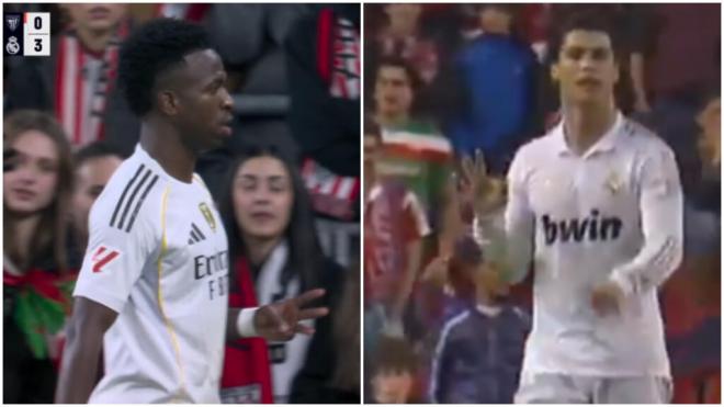 Vinius y Cristiano Ronaldo haciendo el gesto del 3 a 0 entre el Real Madrid y Athletic Club de Bilb
