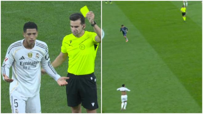 Jude Bellingham recibe la amarilla por entrar al campo sin camiseta (captura: Movistar).