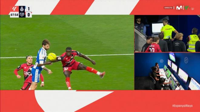 El VAR avisó a Sánchez Martínez de una posible mano de Mendy en el Espanyol-Rayo (captura Movist
