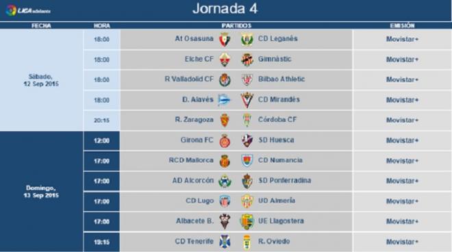 Horarios rectificados de la jornada 4 en Segunda.