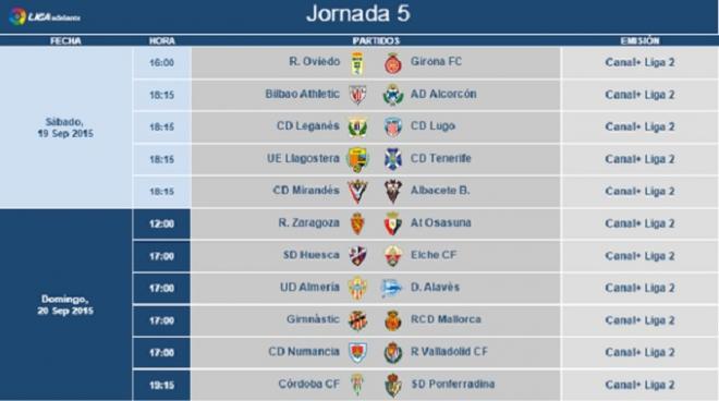 Horario definitivo de la jornada 5 en Segunda División.