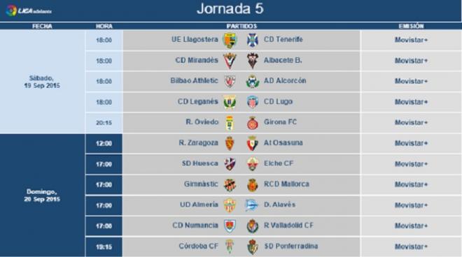 Horarios de la jornada 5 en Segunda División.