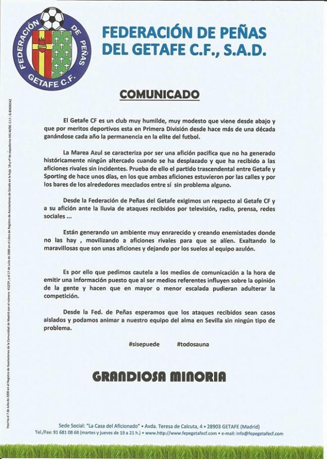 Comunicado de la Federación de Peñas del Getafe CF.