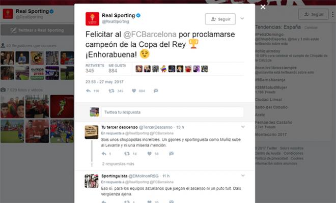 El tweet del Sporting felicitando al Barça.