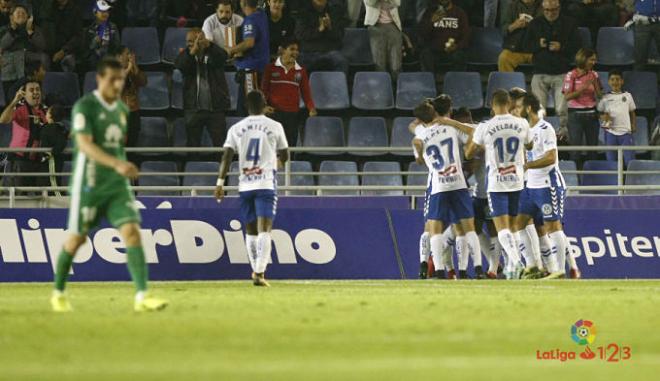 Los jugadores del Tenerife celebran uno de los goles anotados ante el Real Oviedo (Foto: LaLiga).