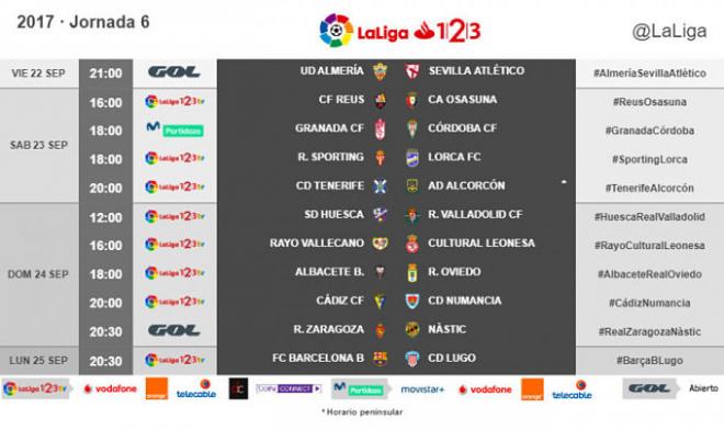 Horarios de la jornada 6 en Segunda.