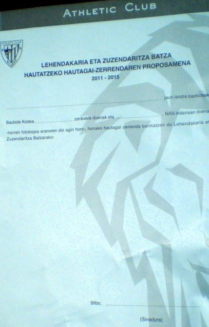 Impreso oficial del Athletic para la recogida de firmas.