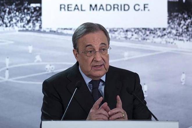 El presidente del Madrid en la rueda de prensa de este jueves.