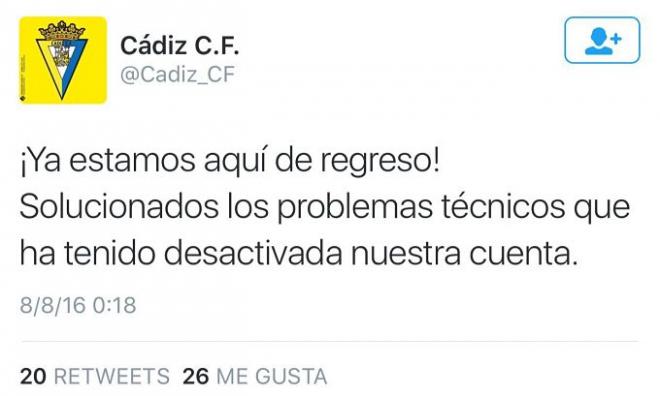 El mensaje cadista en Twitter.