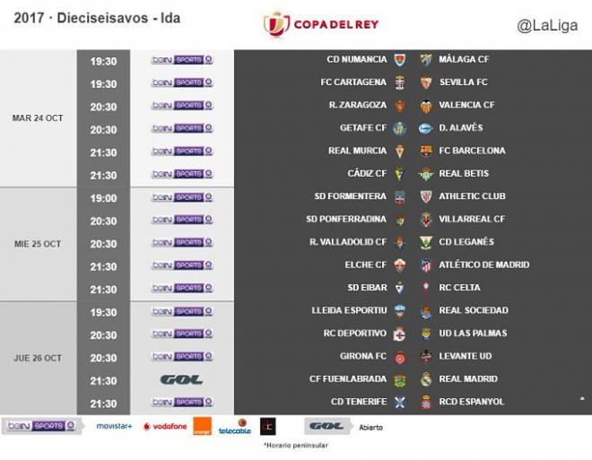 Horarios de la ida de dieciseisavos de Copa del Rey.