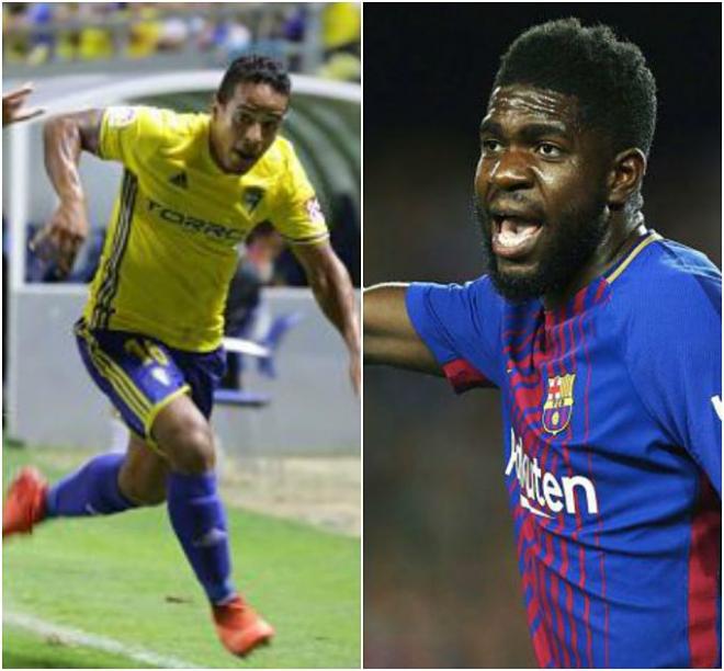 Bijker y Umtiti, defensas de ambos equipos.