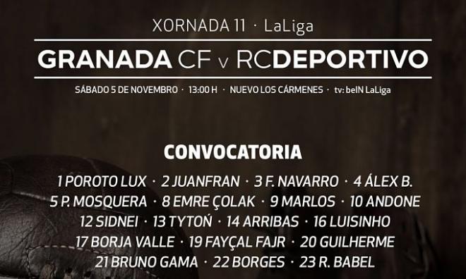 Lista del Dépor para jugar contra el Granada (Foto: RCD).