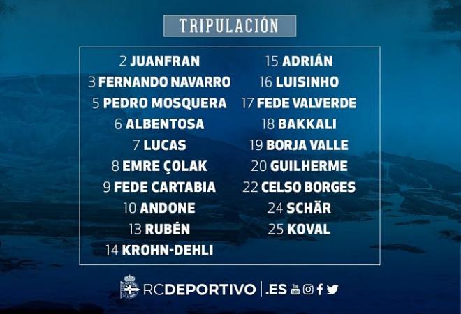 La lista deportivista para el duelo ante el Celta (Foto: RCDeportivo).
