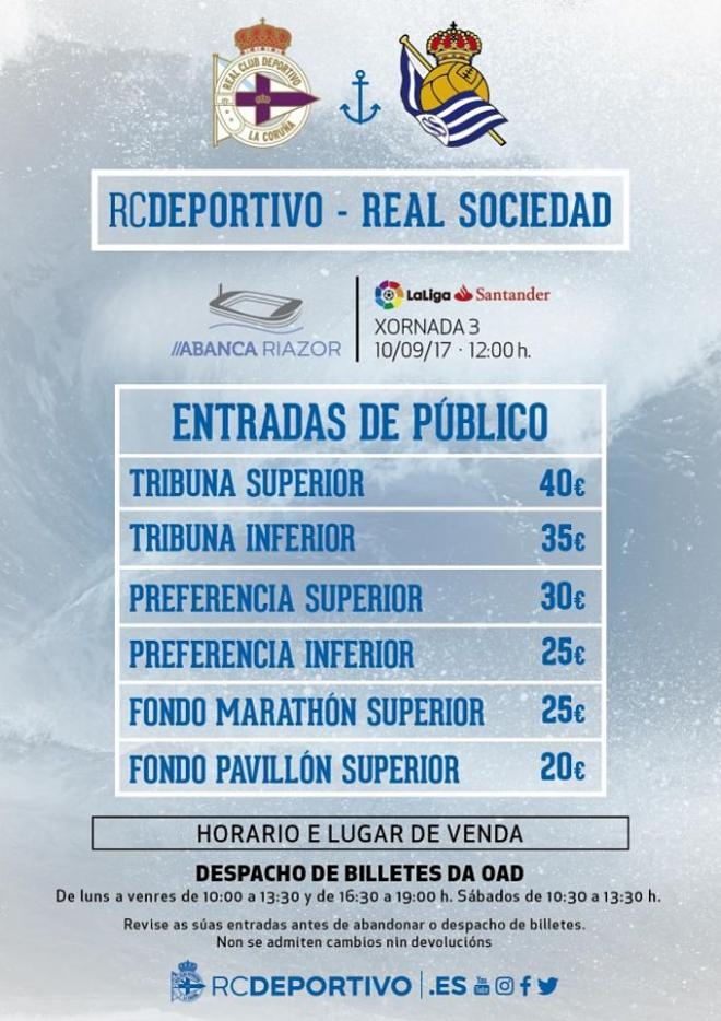 Precio de las entradas para el Dépor-Real Sociedad (Foto: RCD).